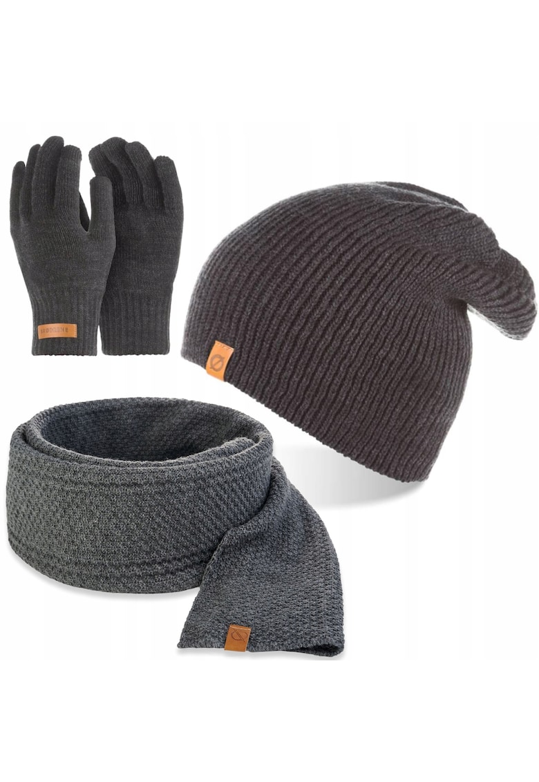 Set caciula - manusi si fular barbati - Brodrene - Acril - Dimensiune universala - Gri grafit