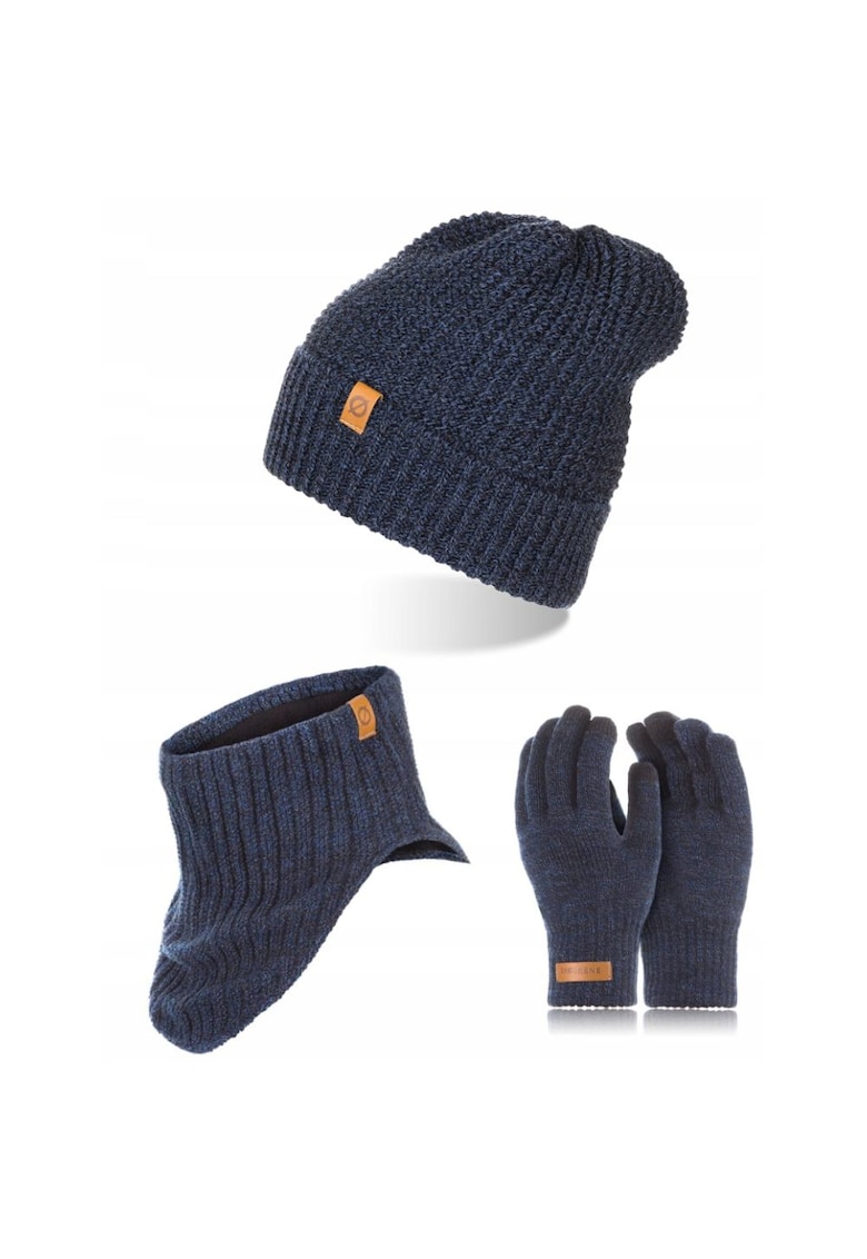 Set caciula cu fular si manusi barbati Brodrene - Acril - Albastru inchis