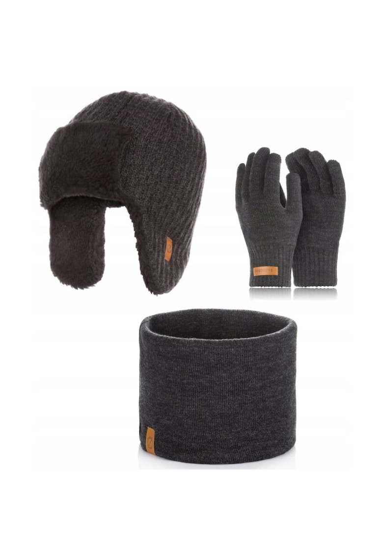 Set caciula cu fular si manusi barbati Brodrene - Acril - Gri inchis