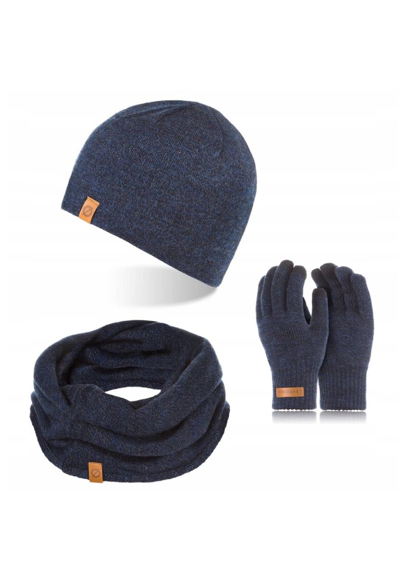 Set caciula cu fular si manusi barbati Brodrene - Acril - Albastru inchis