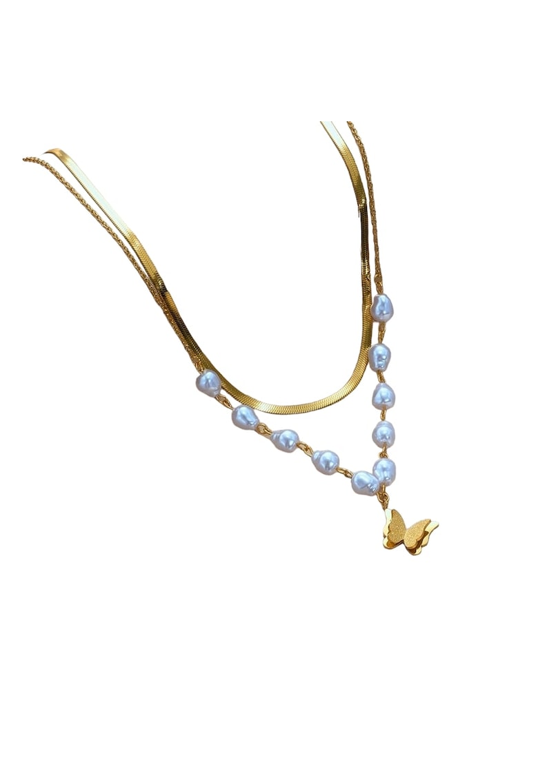 Colier auriu - in 2 straturi - cu perle si fluture - Demian C6 -