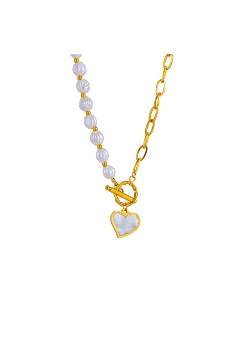 Colier auriu - suflat cu aur 18k - cu perle si pandantiv in forma de inima - Denys C6 -