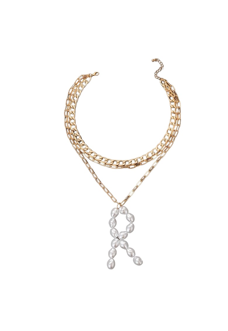 Colier auriu - in 3 straturi - cu zale si litera R din perle - Darla C22 -