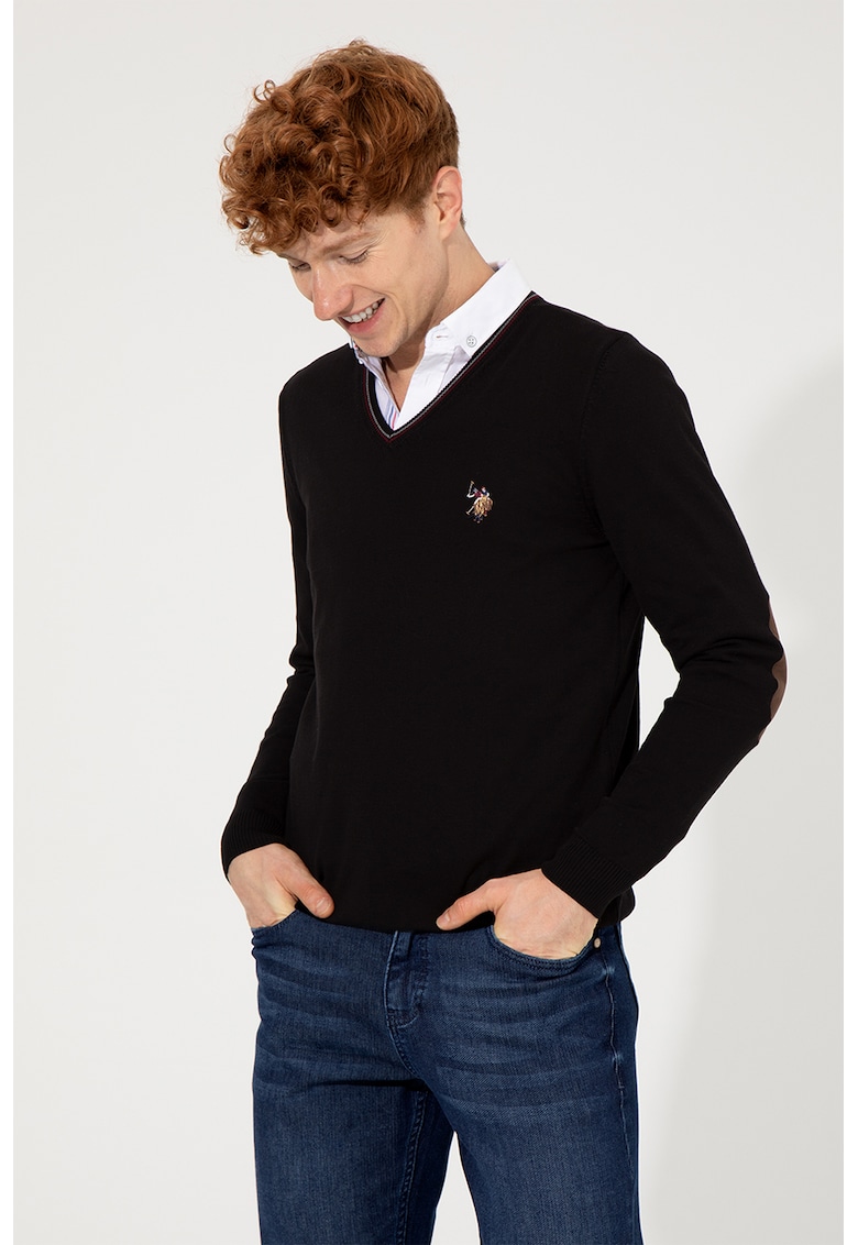 Pulover slim fit cu decolteu in V si logo discret