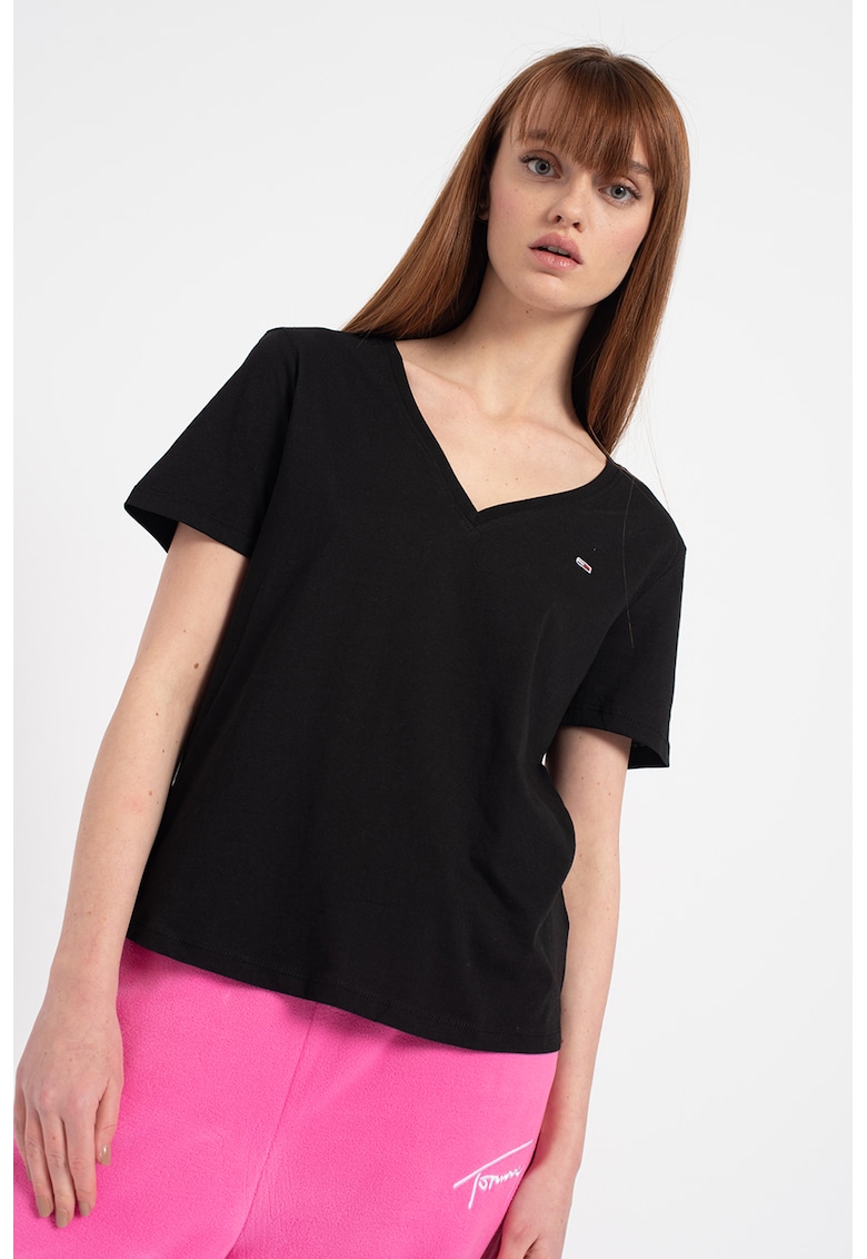 Tricou de bumbac organic cu decolteu in V - Negru