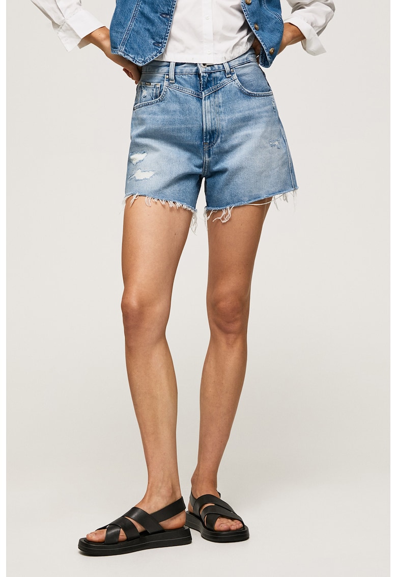 Pantaloni scurti de denim cu detalii cu aspect deteriorat Rachel - Albastru