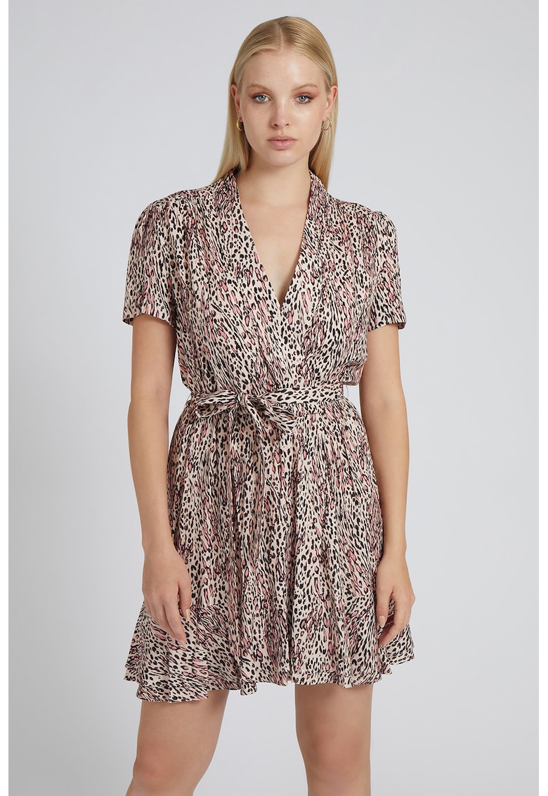 Rochie mini evazata cu animal print - Negru/Roz pastel/Alb murdar