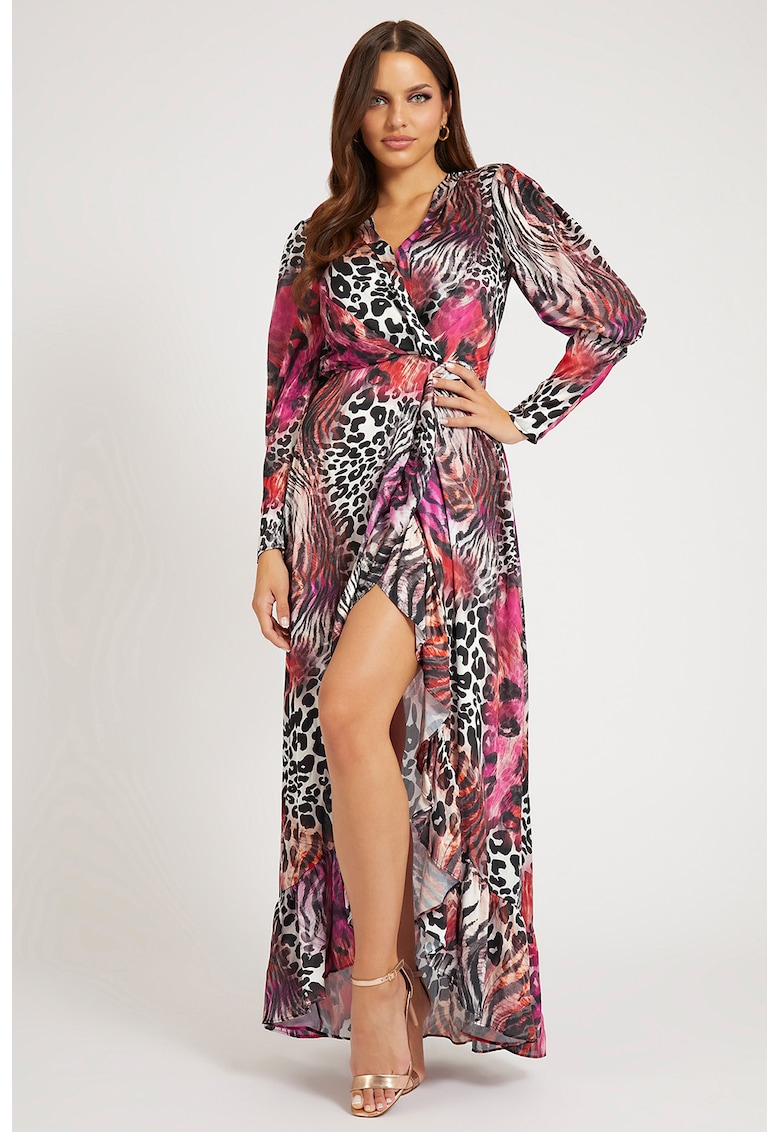 Rochie asimetrica cu animal print - Negru/Fucsia/Alb murdar