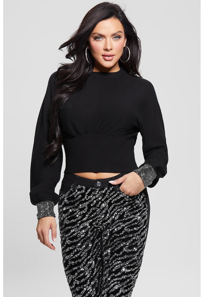 Pulover crop cu aplicatii cu strasuri - Negru