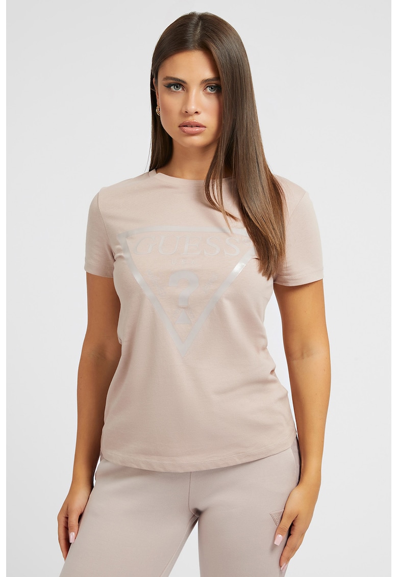 Tricou de bumbac cu imprimeu logo - Gri deschis/Piersica