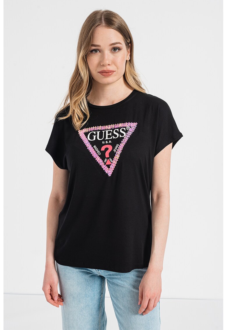 GUESS JEANS Уголемена тениска с апликации отпред за Жени GUESS JEANS Уголемена тениска с апликации отпред за Жени