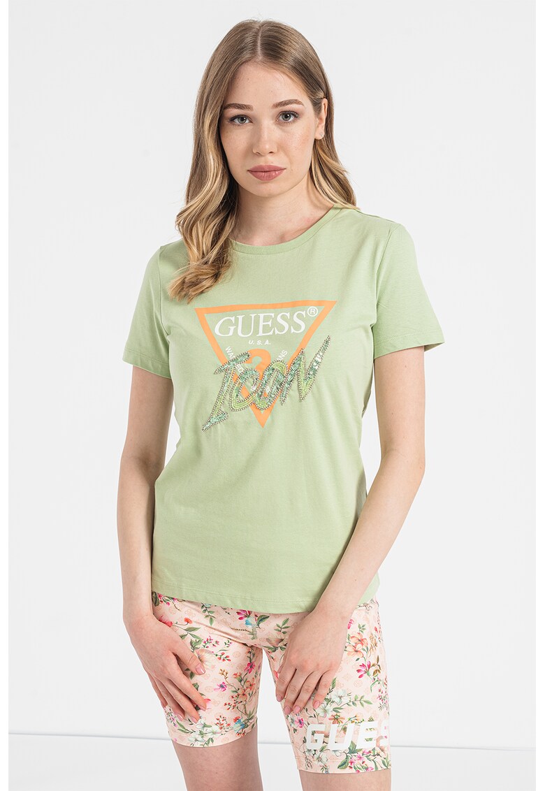 GUESS JEANS Тениска с органичен памук с декоративни камъни за Жени GUESS JEANS Тениска с органичен памук с декоративни камъни за Жени