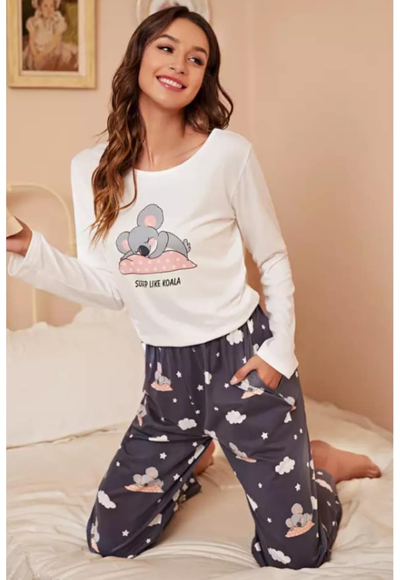 Pijama dama - set 2 piese - bluza maneca lunga si pantalon lung - cu imprimeu koala somnoros - EFAYN