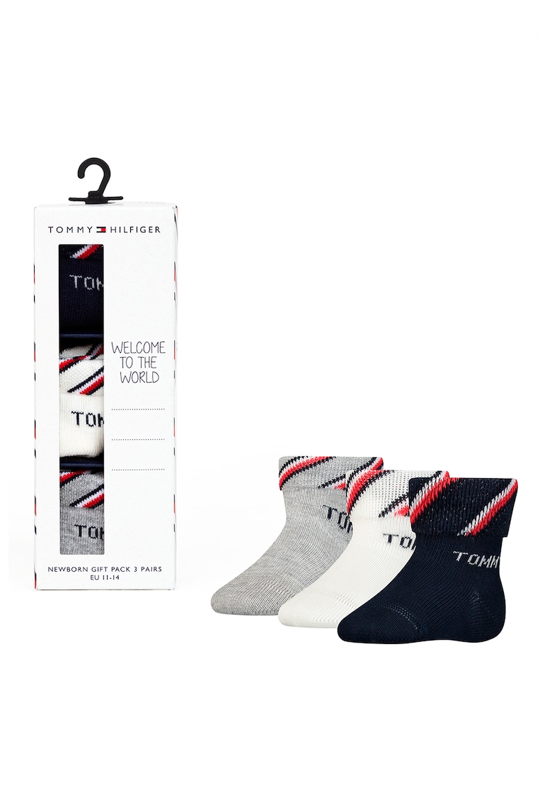 Tommy Hilfiger Set de sosete scurte cu detaliu logo - 3 perechi - Gri/Bleumarin