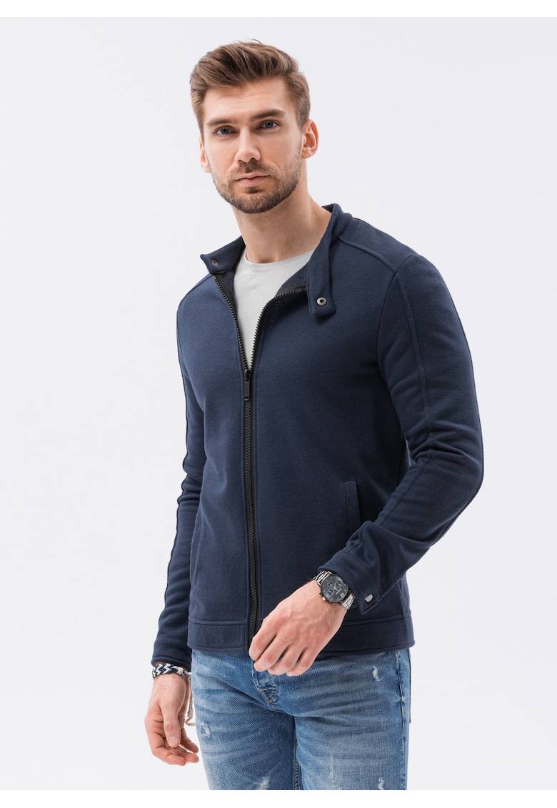 Bluza sport cu fermoar si buzunare oblice - Albastru inchis
