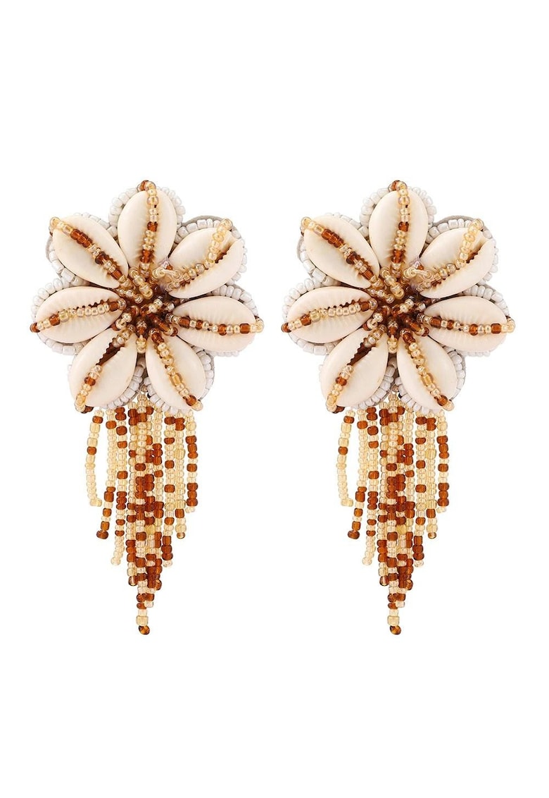 Cercei bej - forma de floare - cu scoici si margelute - Ewert C10 -