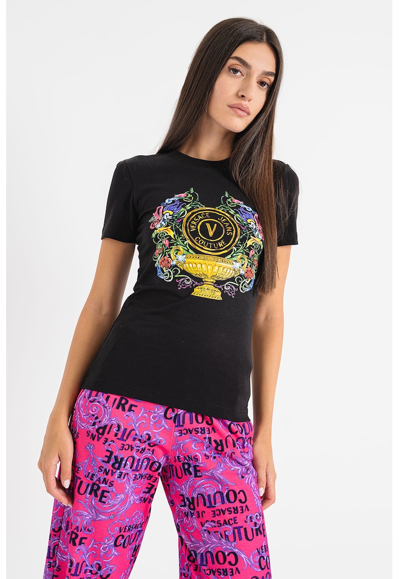 Tricou din amestec de bumbac cu imprimeu logo si grafic