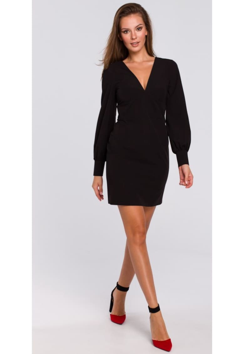 Rochie cu maneci buff - albastru marin - Negru
