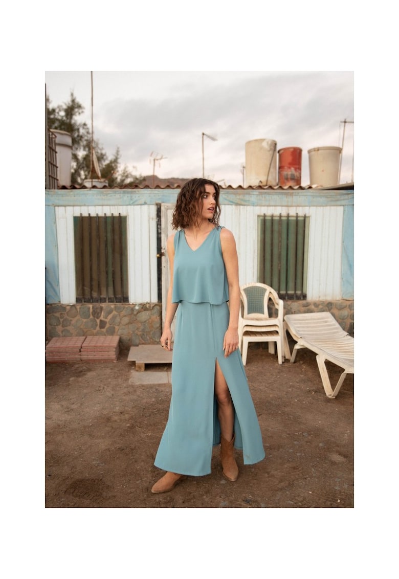 Rochie maxi cu volane - Albastru