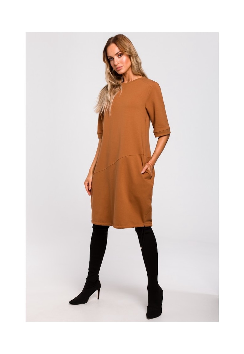 Rochie de dama - Cu buzunare - Bumbac - Elastan - Caramel