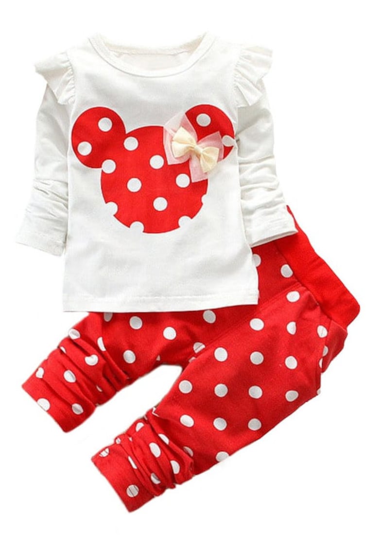 Costum Fetite Pantaloni cu Buline Rosu -