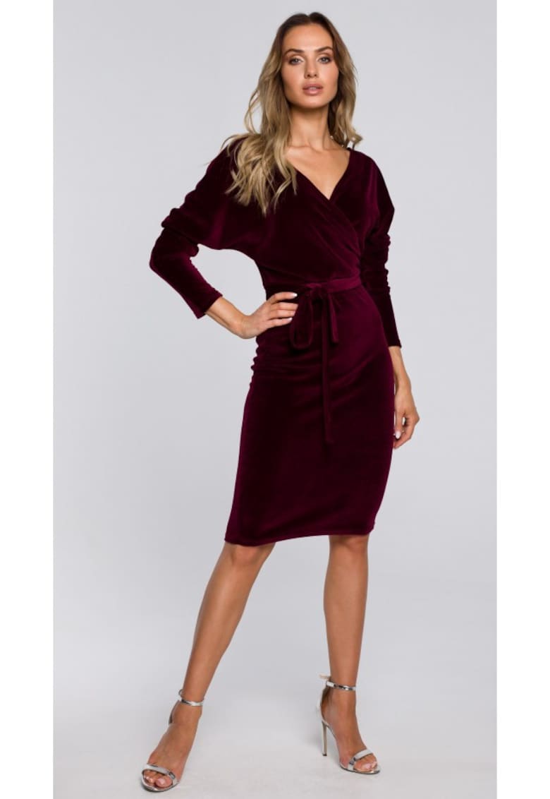 Rochie din catifea cu partea de sus invelita si curea - negru