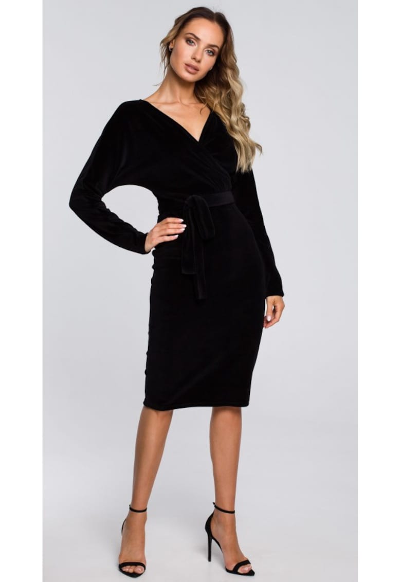 Rochie din catifea cu partea de sus invelita si curea - negru