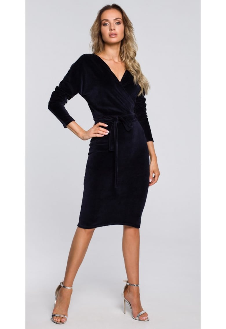 Rochie din catifea cu partea de sus invelita si curea - negru