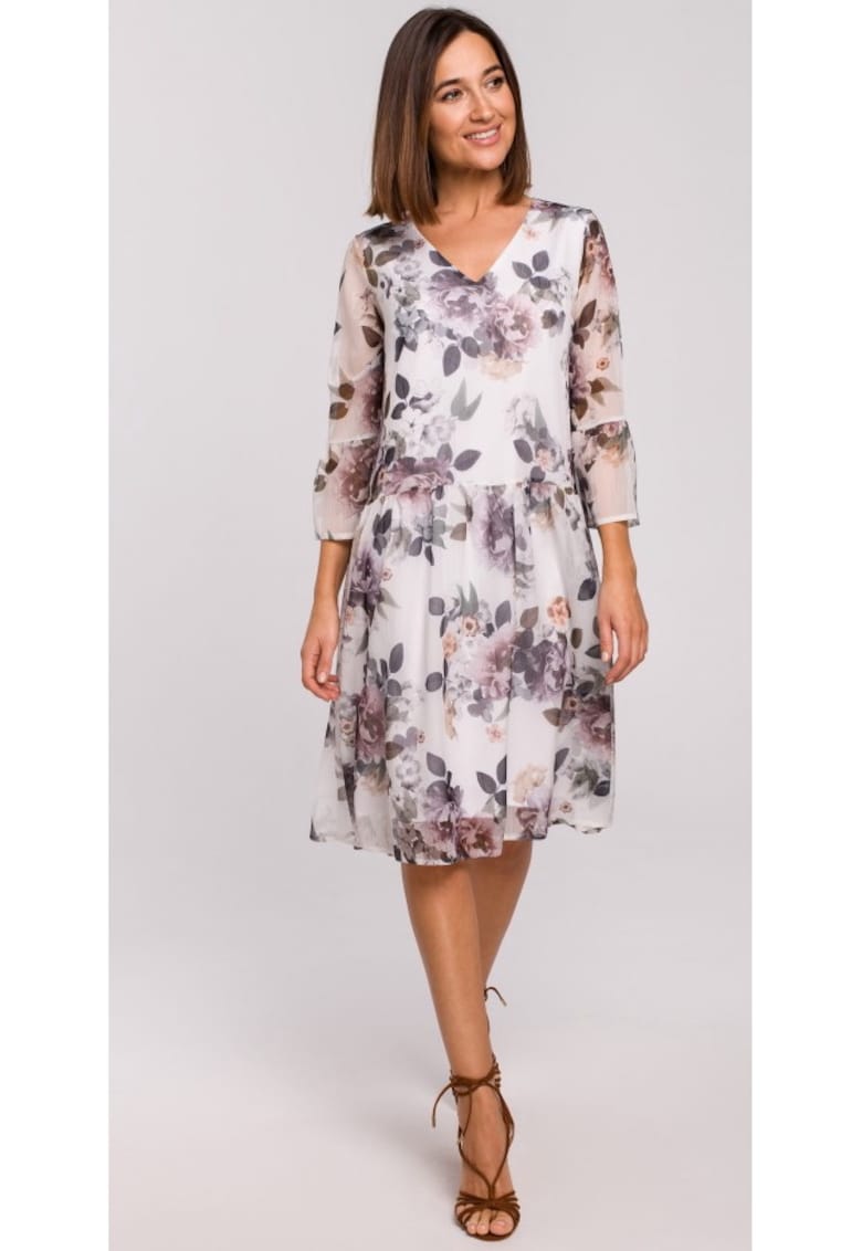 Rochie florala - Poliester - Alb/Gri