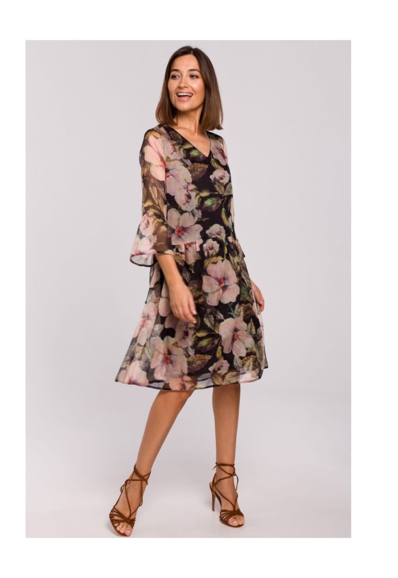 Rochie florala - PoliesterNegru/Roz