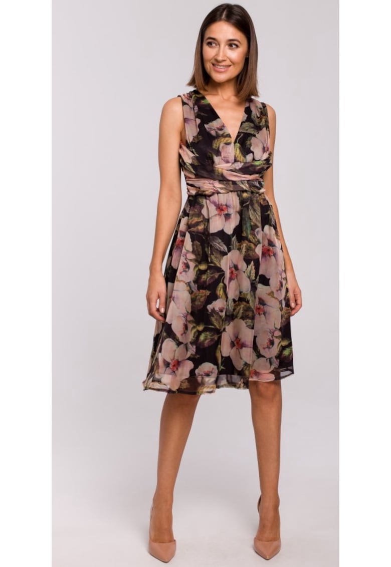 Rochie cu decolteu si model floral - Poliester - Negru/Roz