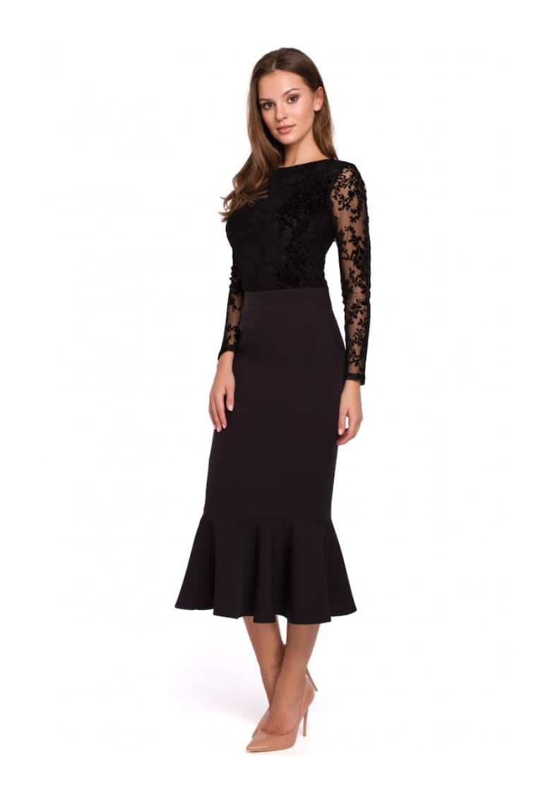 Fusta tip creion Cu volane - Poliester - Elastan - Negru