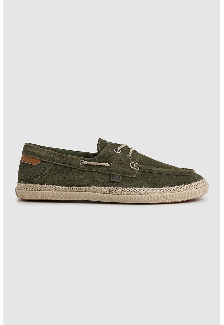 Pantofi boat de piele intoarsa cu aplicatii impletite de iuta