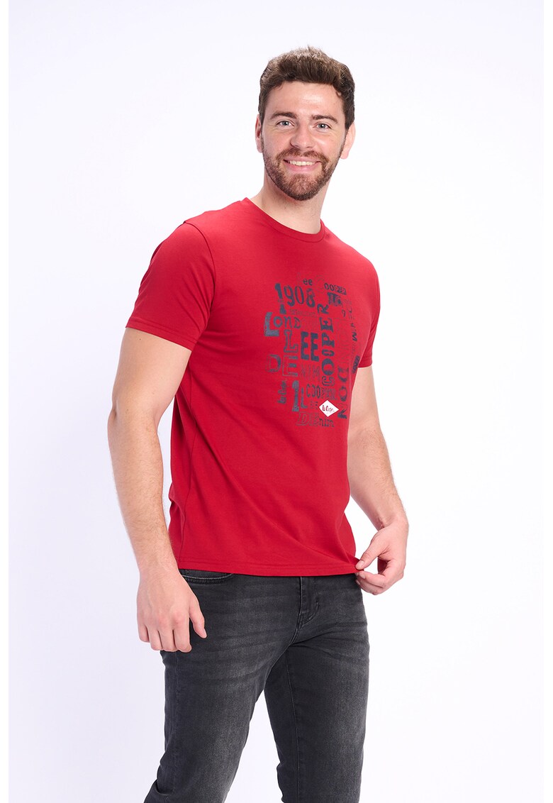 Tricou de bumbac cu imprimeu logo contrastant si decolteu la baza gatului image