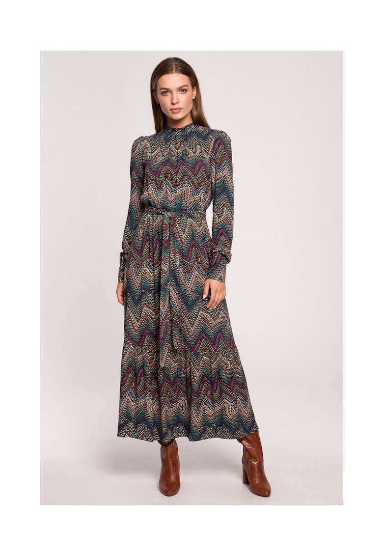 Rochie maxi cu volan - imprimeu aztec - model 2 - Multicolor