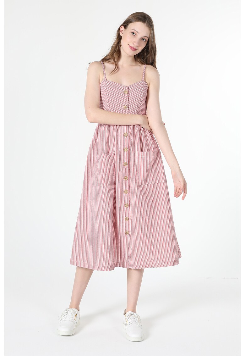 Rochie midi cu model in dungi si buzunare frontale