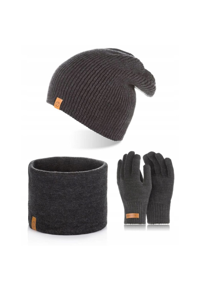 Set caciula cu manusi si fular Brodrene - Acril - Universal - Gri inchis