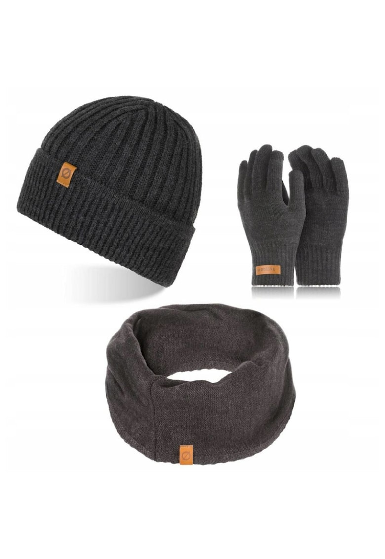 Set caciula cu manusi si fular Brodrene - Acril - Universal - Gri inchis