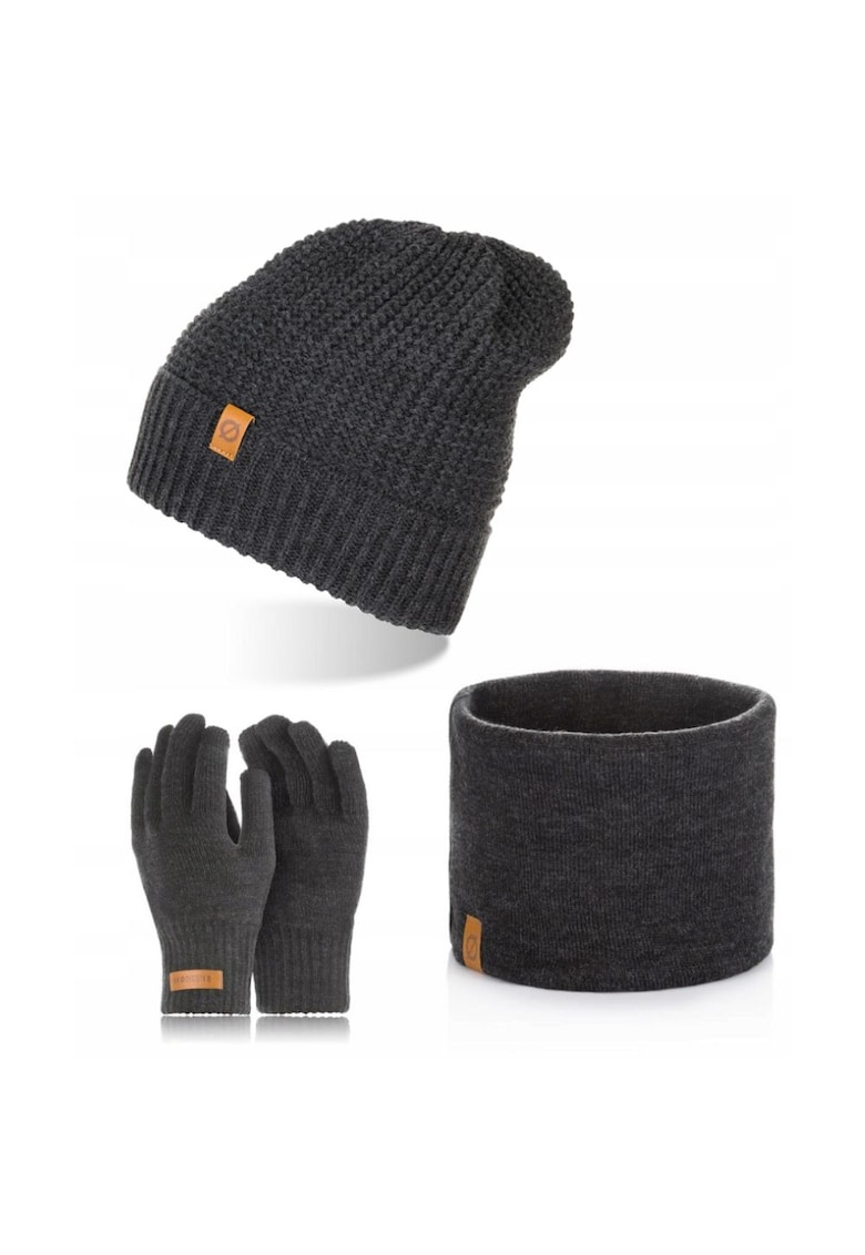 Set caciula cu manusi si fular Brodrene - Acril - Universal - Gri inchis