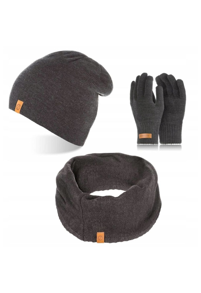 Set caciula cu manusi si fular Brodrene - Acril - Universal - Gri inchis