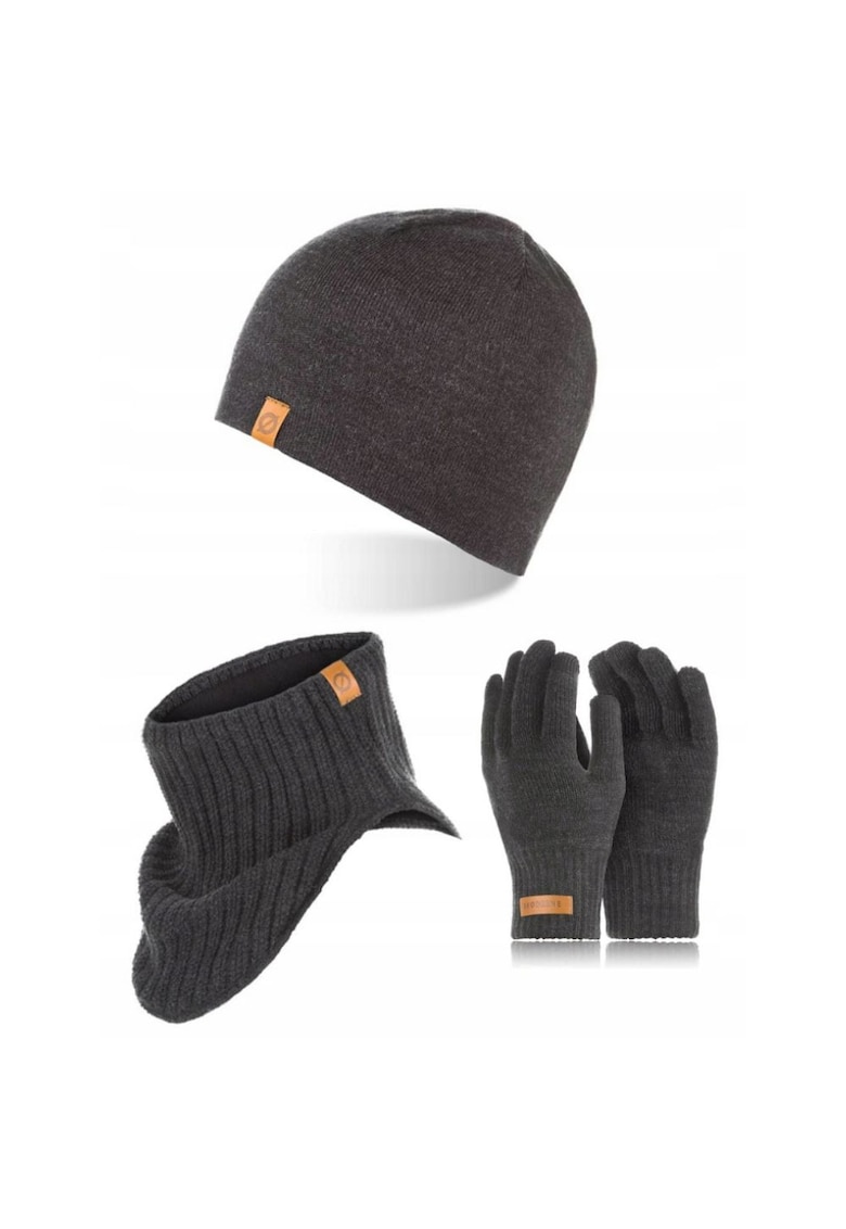 Set caciula cu manusi si fular Brodrene - Acril - Universal - Gri inchis