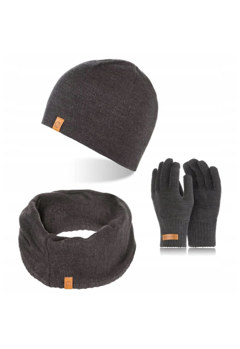 Set caciula cu manusi si fular Brodrene - Acril - Universal - Gri inchis