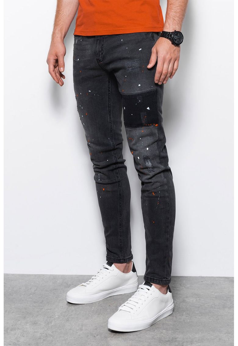 Blugi skinny cu imprimeu cu pete decorative si rupturi - Negru stins