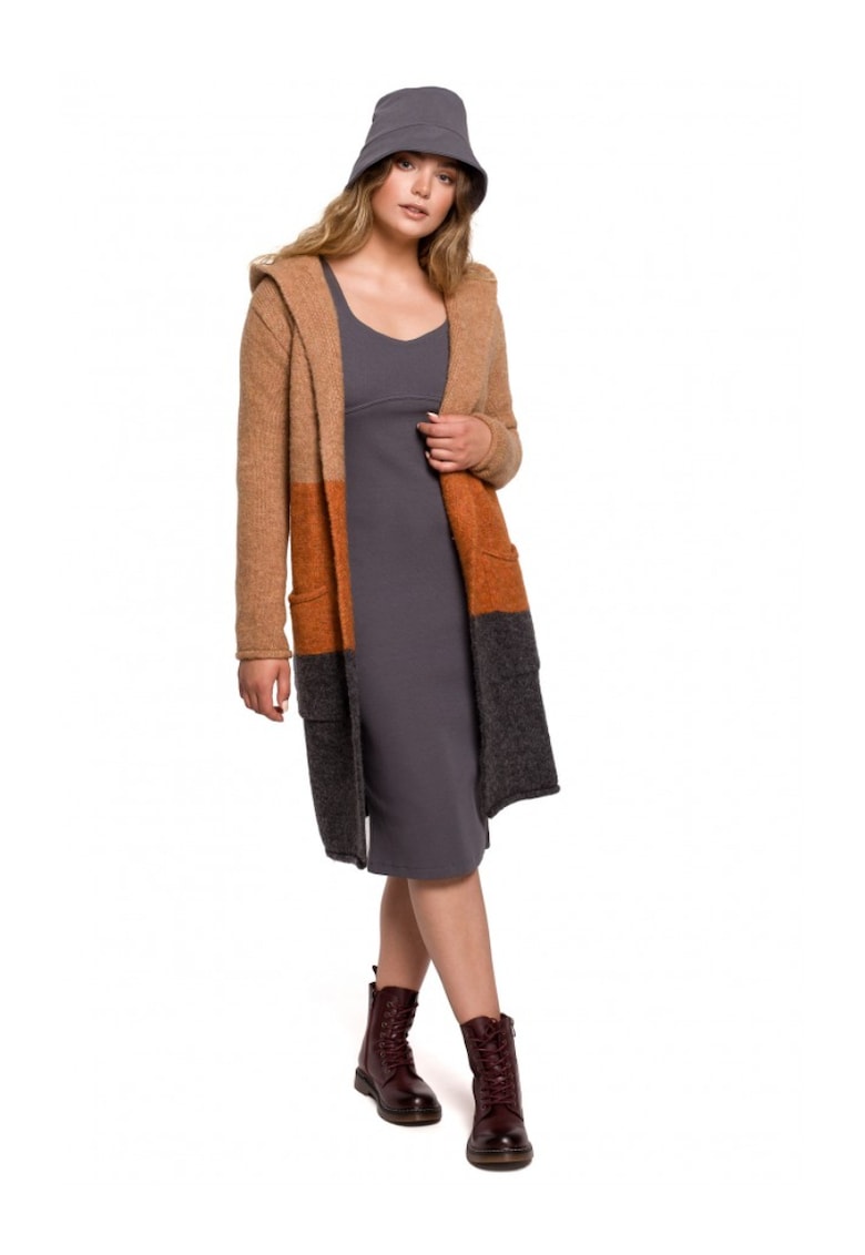 Cardigan cu gluga - Acril/Poliester/Lana - Negru/Portocaliu/Bej