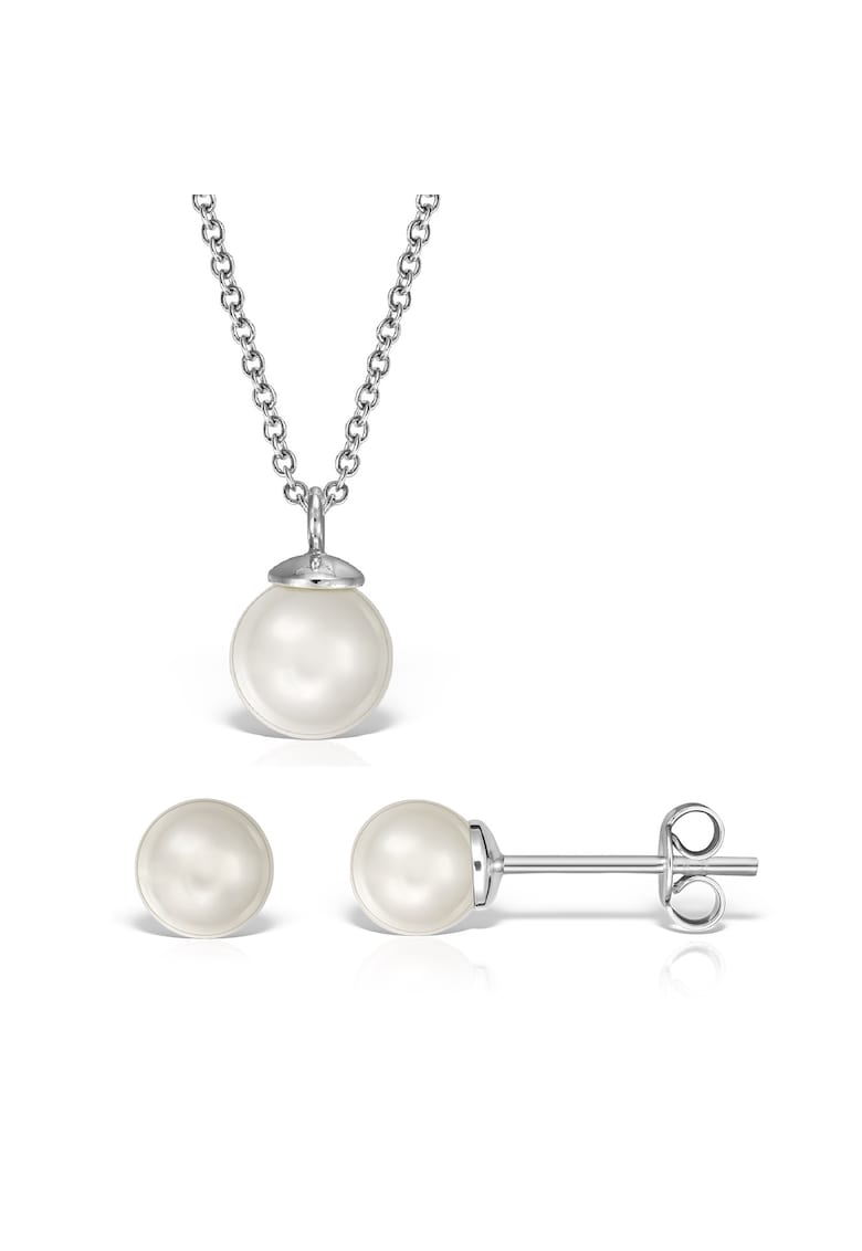 Set argint 925 cu perle naturale 6 mm + lant si pandantiv 8 mm - Alb | Auriu