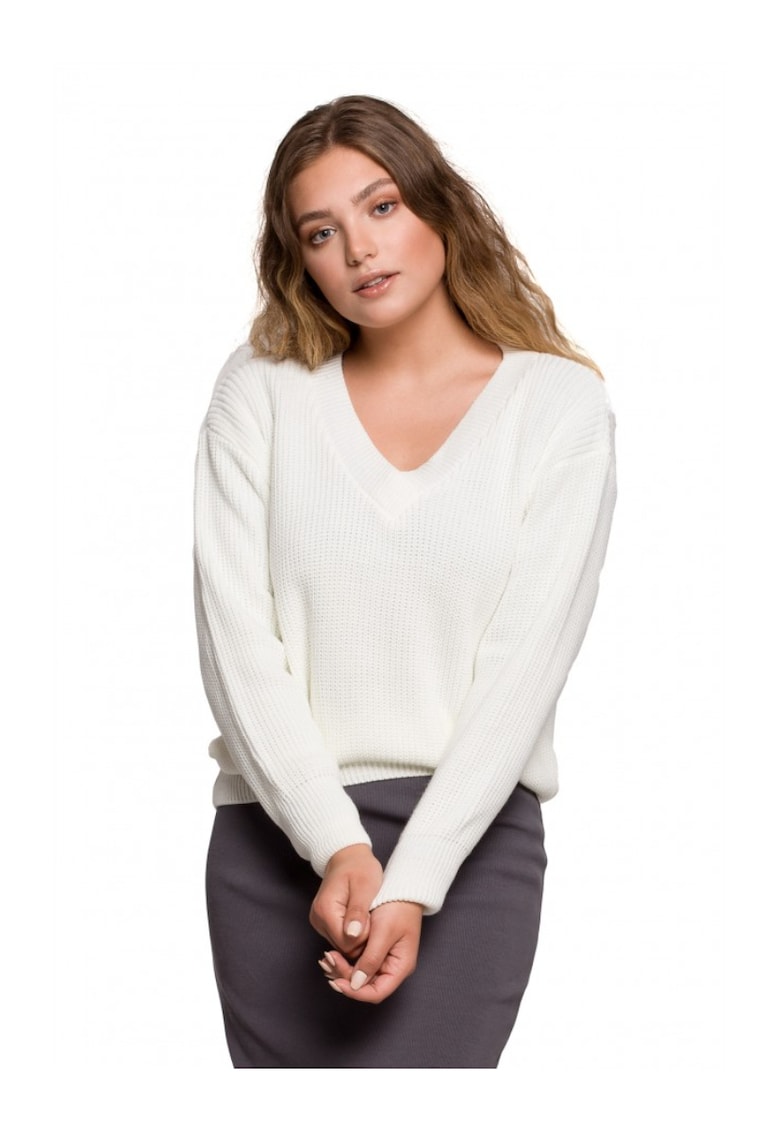 Pulover cu decolteu in V - Acril - Alb ecru