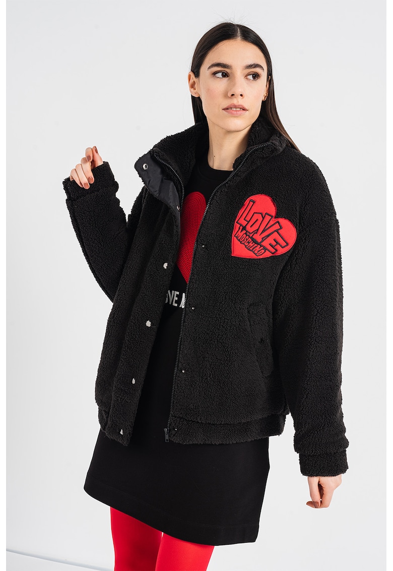 Love Moschino Jacheta de blana sherpa sintetica cu logo