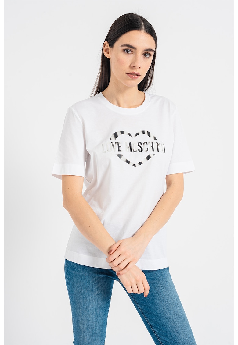 Tricou de bumbac cu decolteu la baza gatului si imprimeu logo - Alb