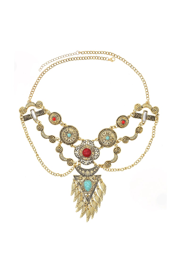 Colier auriu - stil boho - cu pietre rosii si turquoise - Laurentia C27 -