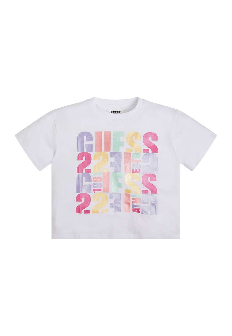 Tricou crop de bumbac cu imprimeu logo - Alb